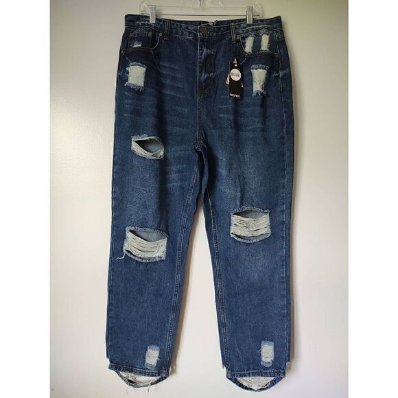 New Boohoo Blue Women's Size 14 Dark Wash Blue Distressed High Waist Mom Jeans - Picture 1 of 9